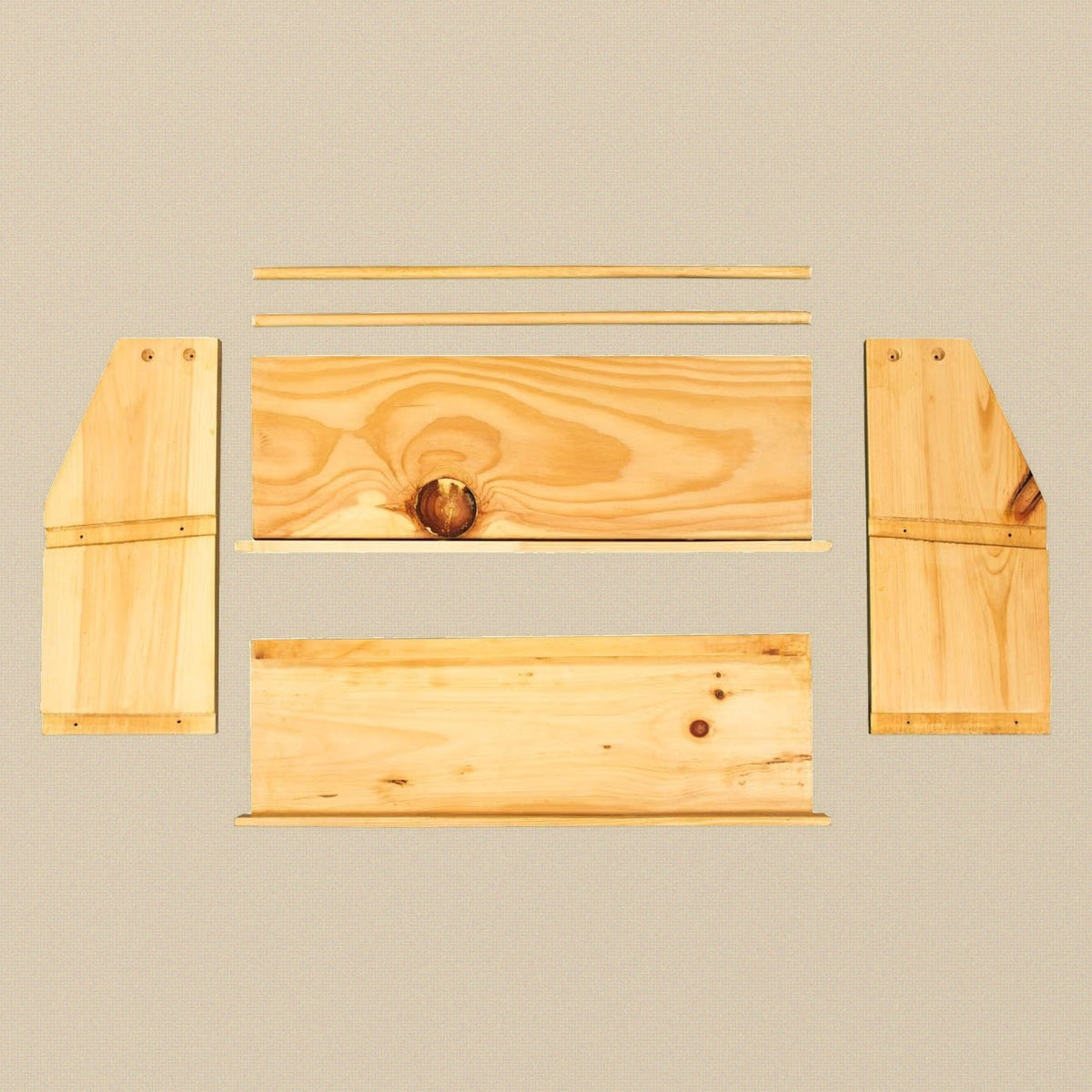 The flat-pack parts: two side panels, shelves and rails