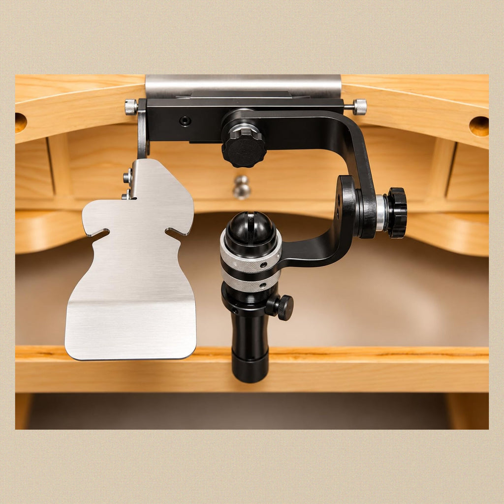 Workholding system mounted under a jeweller's bench with the hand rest fitted