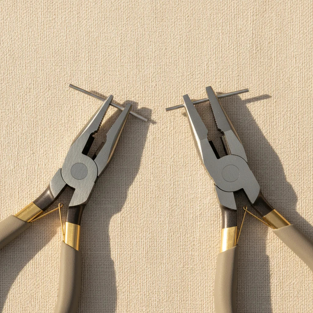 Side-by-side close-up: lever-action pliers (jaws closing at an angle) and parallel-action pliers (jaws closing in parallel), both shown mid-close on a piece of square sterling silver wire. The visual contrast between the two jaw motions sho