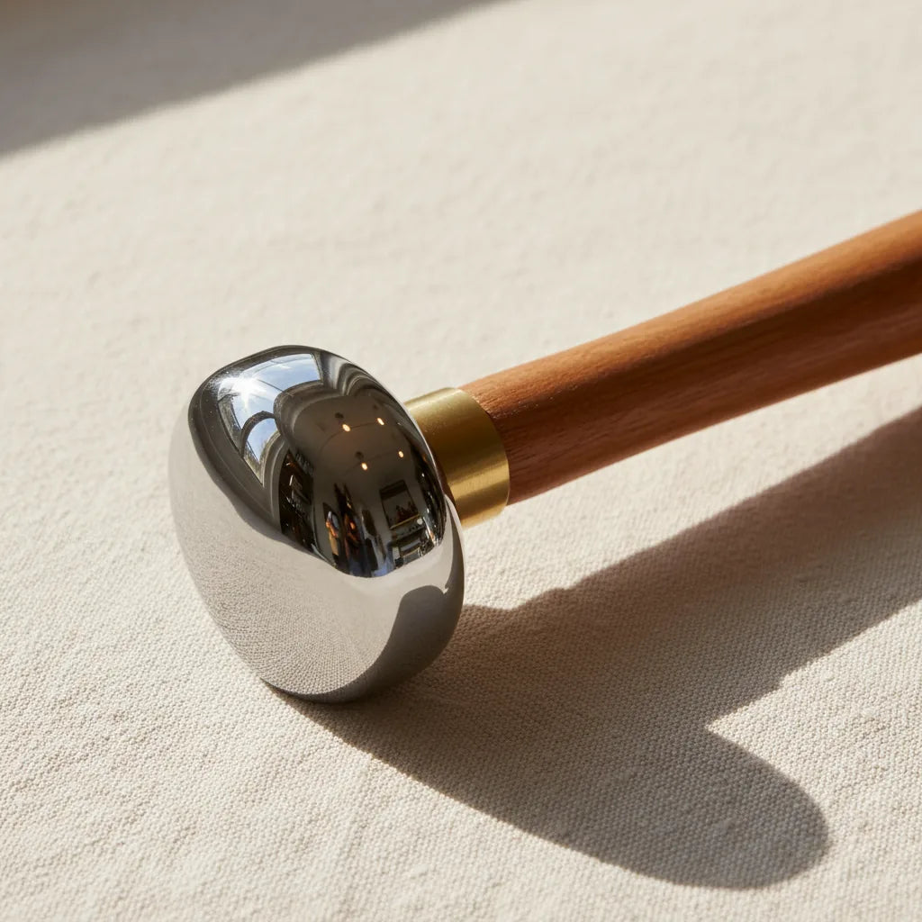 Close-up shot of a chasing hammer's polished face reflecting the workshop lights, showing its mirror finish.