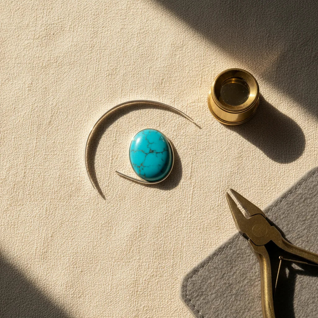 A strip of fine silver bezel wrapped around a cabochon to measure the length before soldering.