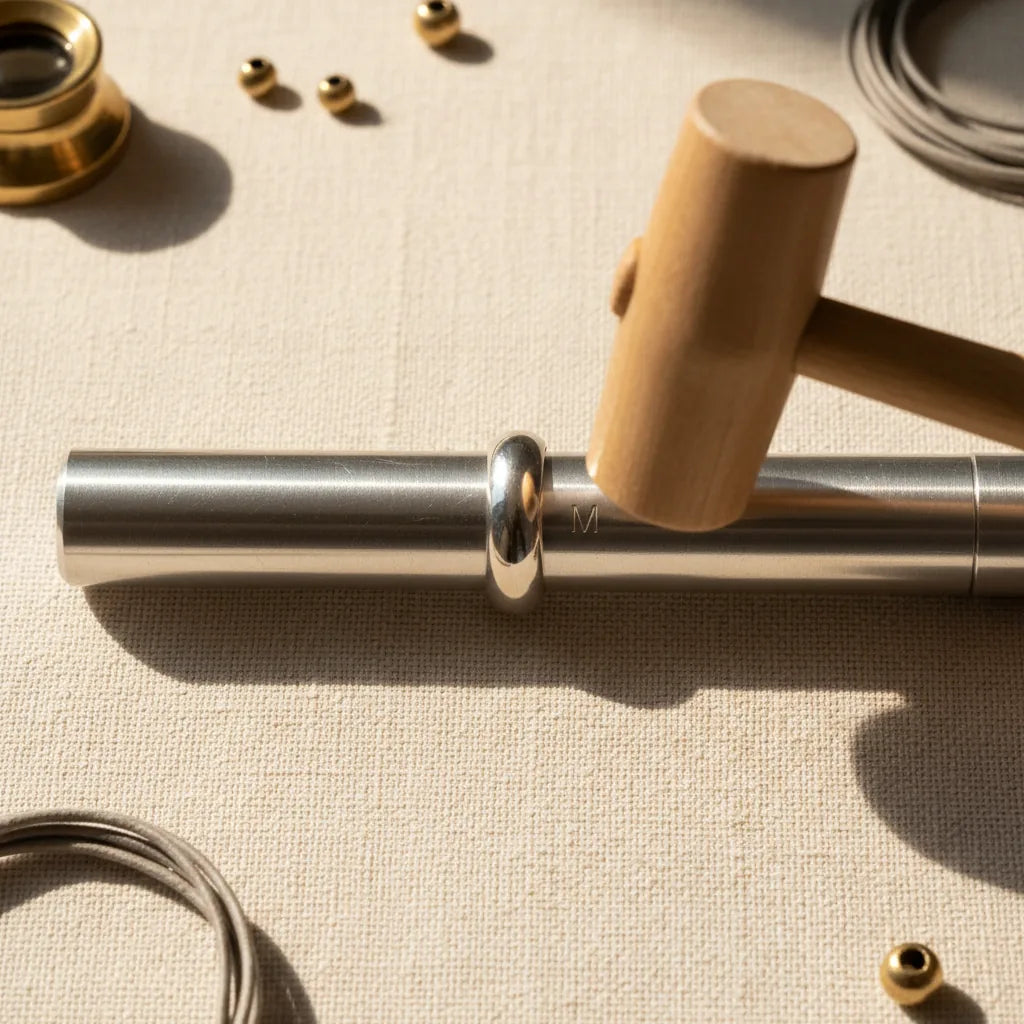 Top-down photograph of an aluminium ring mandrel laid horizontally with a silver ring stretched onto it at the size marker 'M'. Ring caught mid-tap with a small rawhide mallet held just above frame. Sharp focus on the ring-and-mandrel inter