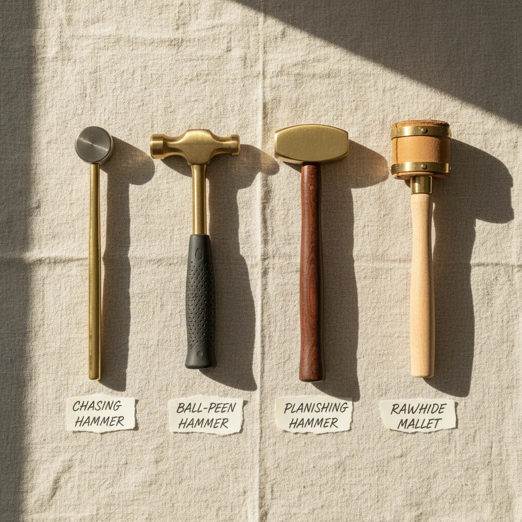 Top-down flat lay of four hammers — chasing, ball-peen, planishing, rawhide mallet — arranged on a linen cloth, evenly spaced, with handwritten paper tags naming each. Brass accents. Natural light.