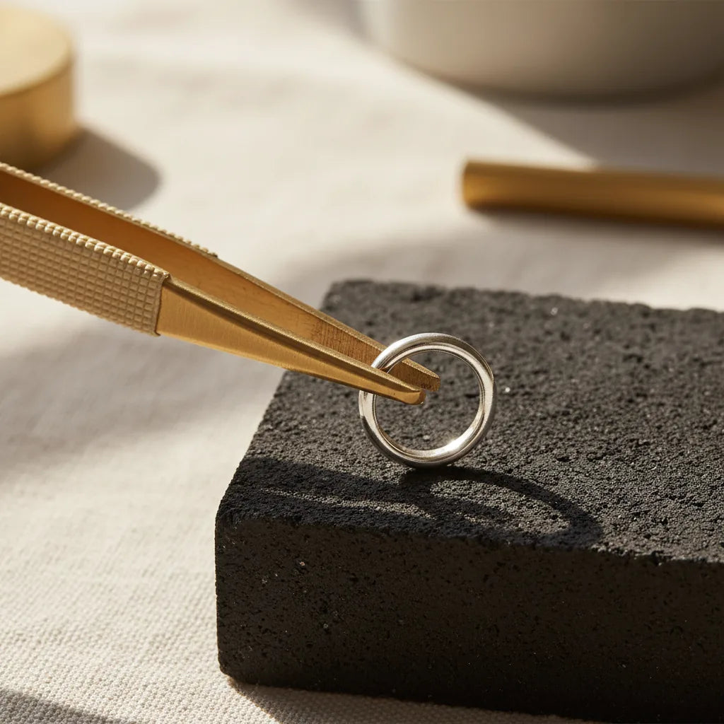 Macro side-view of a cross-lock tweezer mid-grip on a small silver ring placed against a charcoal block. The fibre grip is clearly visible. Brass tone on the heat-resistant handle, charcoal black background. Sharp focus on the jaw-and-work 