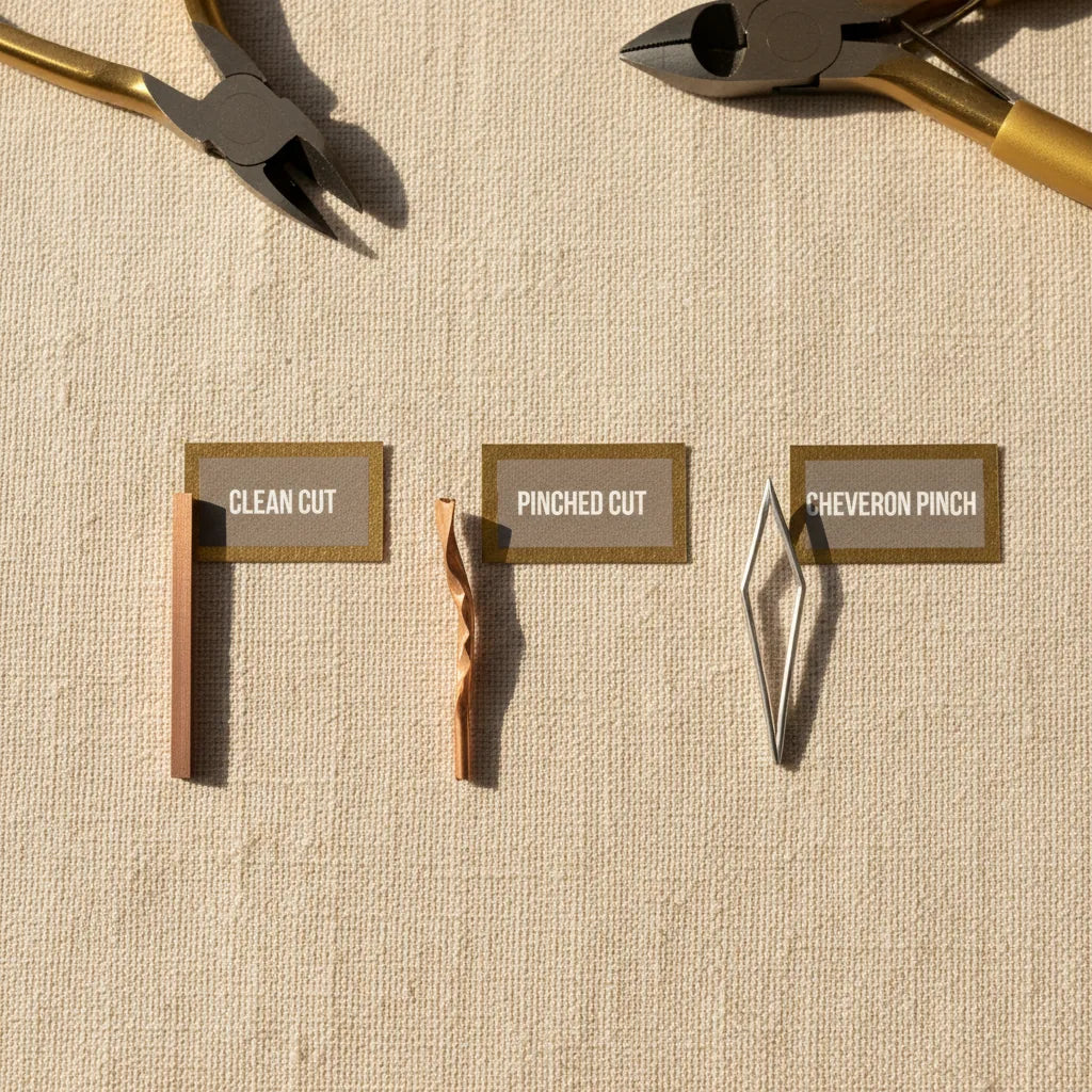 Top-down comparison of three wire ends: one cleanly flush-cut and square, one pinched at an angle (bad cut), one with a visible chevron-shaped pinch (memory wire cut with wrong tool). Lined up on a neutral linen background, label cards besi