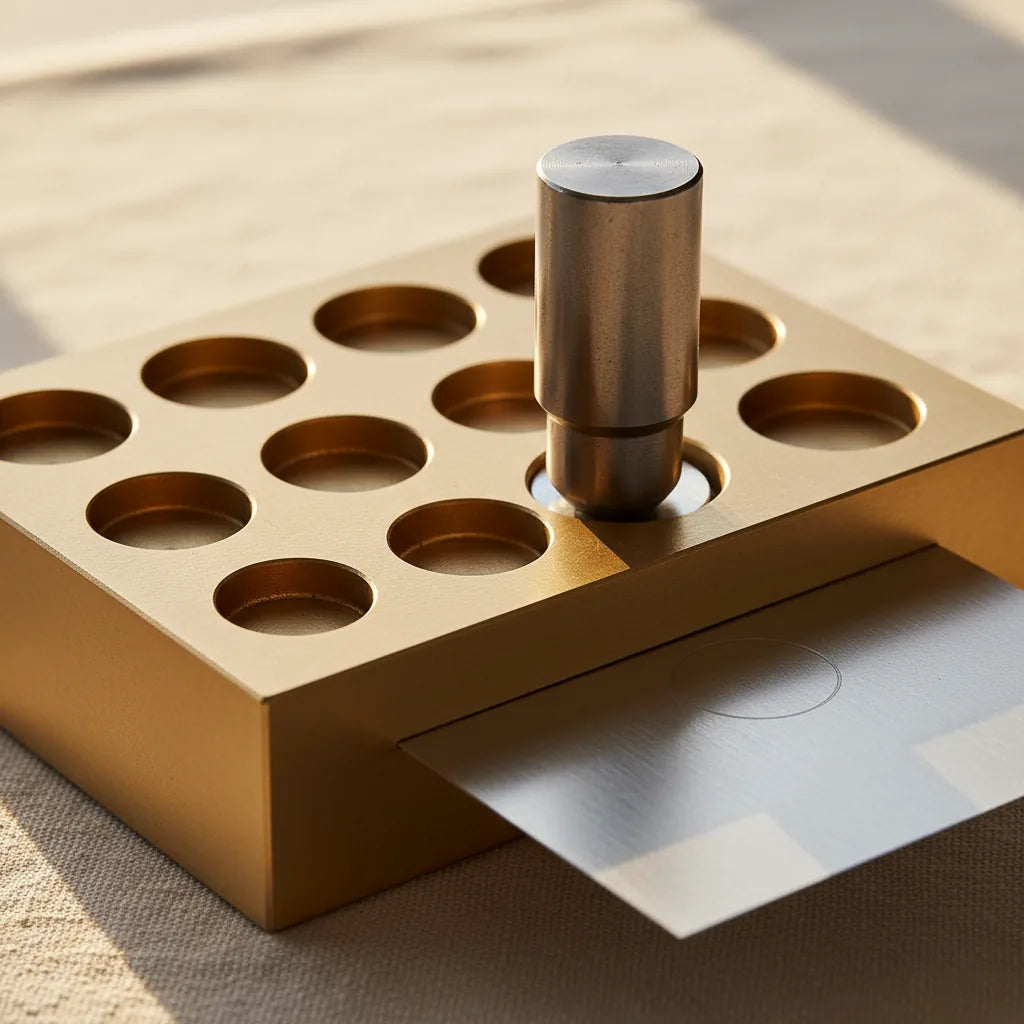Side-angle close-up of a 9-shape disc cutter block with a punch inserted into one cavity, raised slightly so the working face is visible. Sterling silver sheet positioned underneath. Sharp focus on the cutting interface.