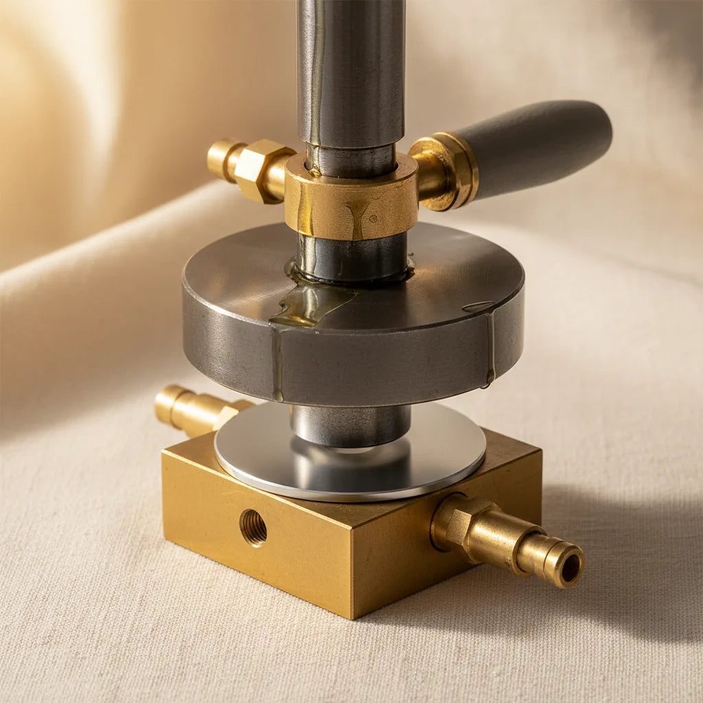 Close-up of a well-oiled punch ready to cut a silver disc.