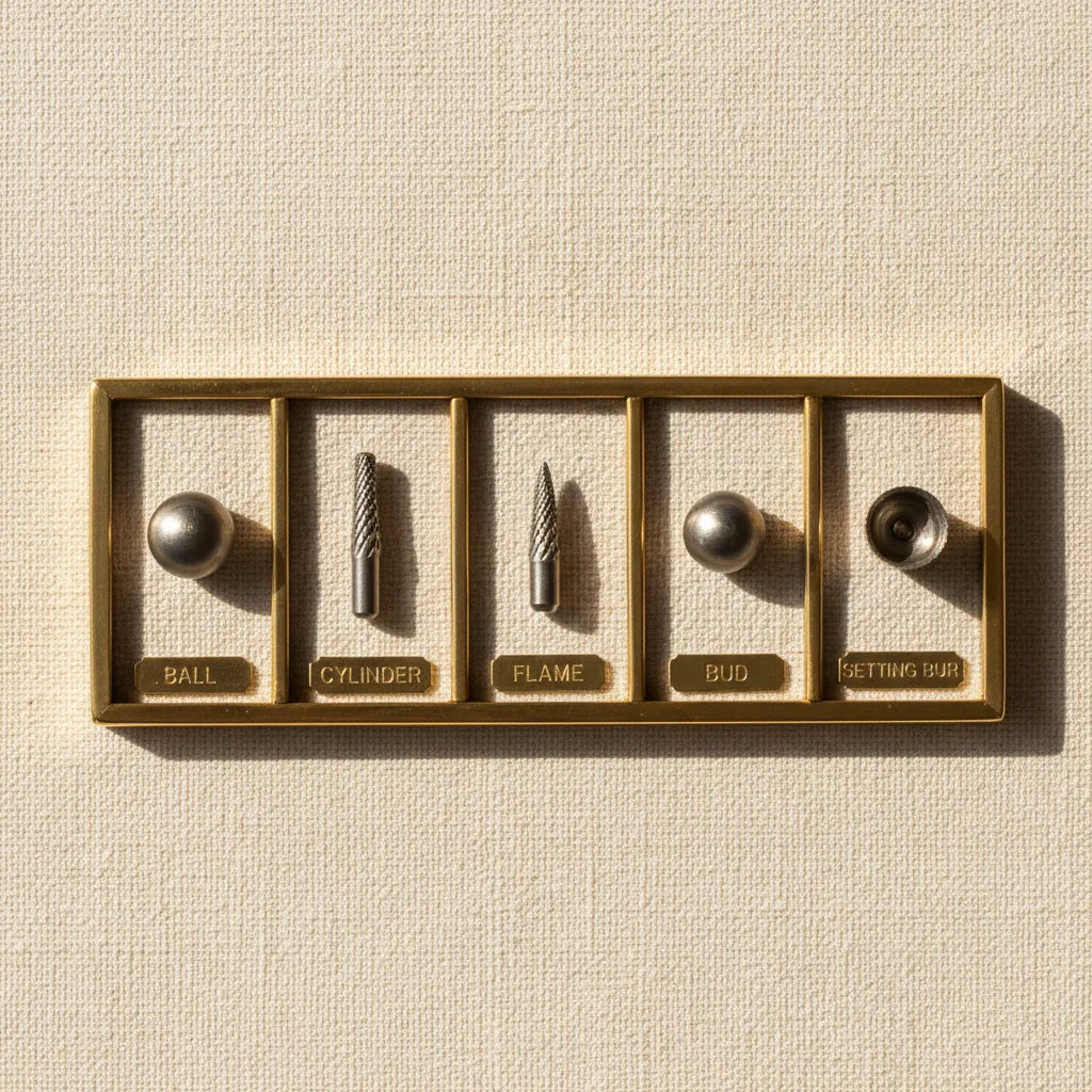 A grid of common bur shapes — ball, cylinder, flame, bud, setting bur — each labelled.