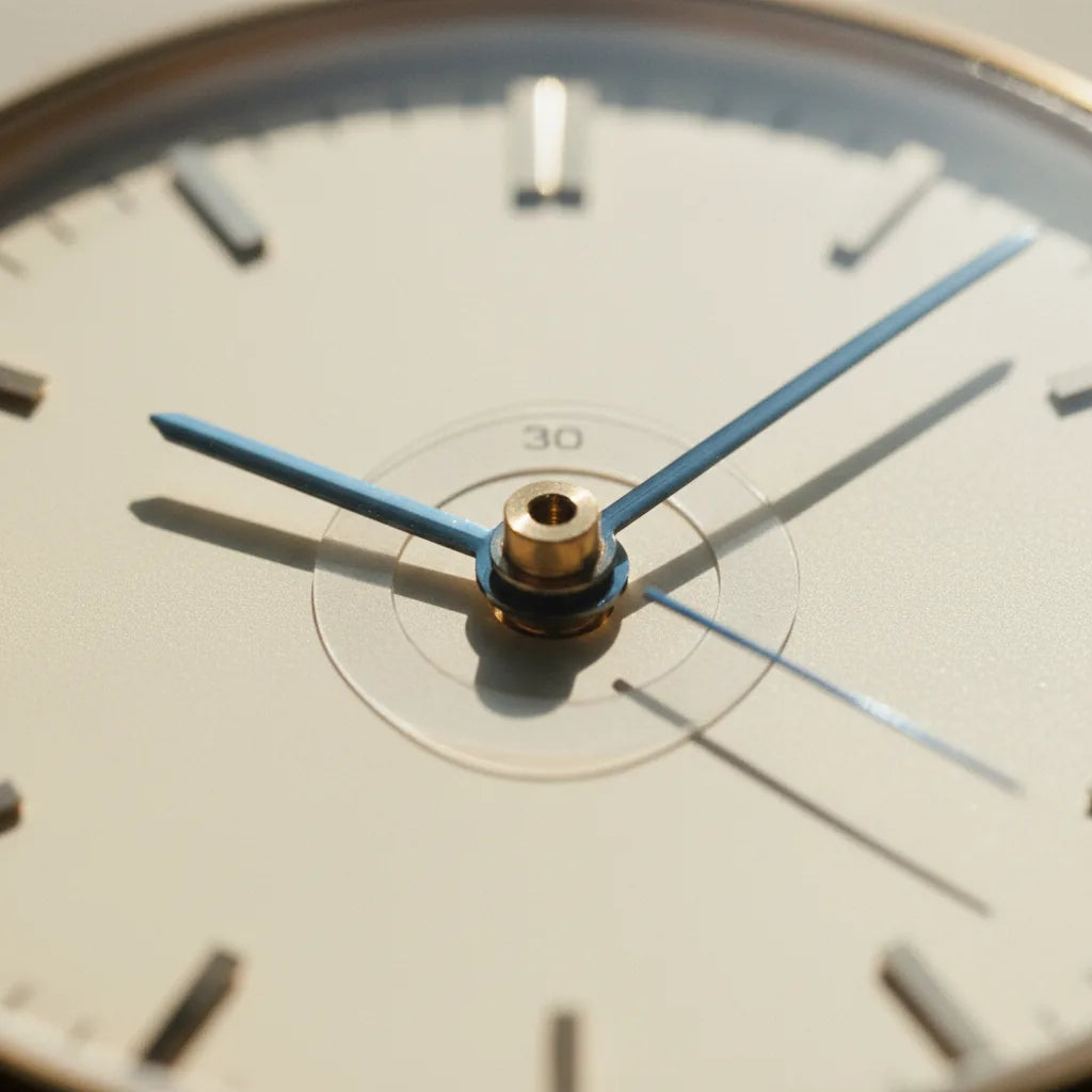 Macro close-up of a watch dial with the hour-hand removed, the minute and second hands still in place. The center post (cannon pinion) is visible. Sharp focus on the hand-attachment area, with two thin protective dial-guard sheets visible a