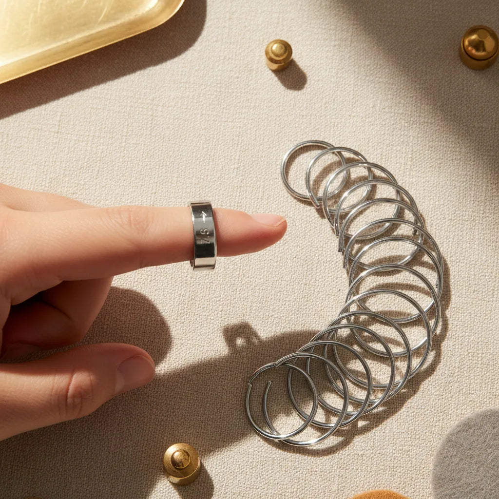Top-down close-up of a finger being measured with a chrome-plated ring sizer set (numbered ring gauges). One ring just slipped on, the rest of the set fanned out beside the hand. Sharp focus on the size marking visible on the worn ring.