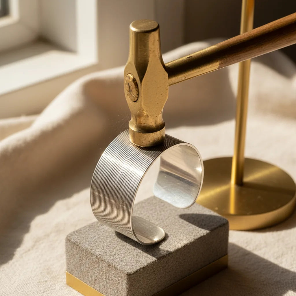 Close-up of a cross-peen hammer creating a linear texture on a silver cuff.