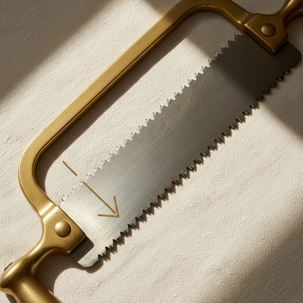 Close-up of a saw blade clamped in the frame with teeth visible, an arrow indicating teeth pointing down and toward the handle.