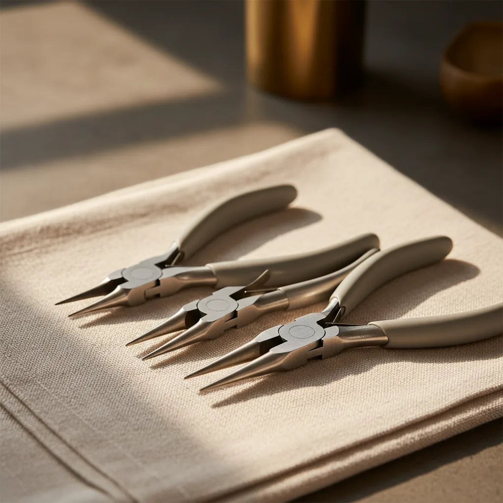 Close-up shot of three pairs of high-quality jeweller's pliers—chain, round, and flat nose—against a dark background.