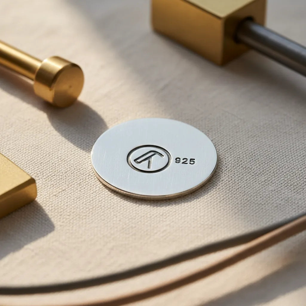 Macro close-up of a freshly-stamped sterling silver pendant showing a clear, deep, evenly impressed maker's mark plus a '925' fineness mark. Warm light raking across to highlight the depth of the impression. Sharp focus.