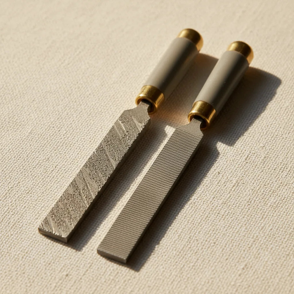 Close-up showing the difference between a coarse cut and a fine cut needle file surface, side by side.