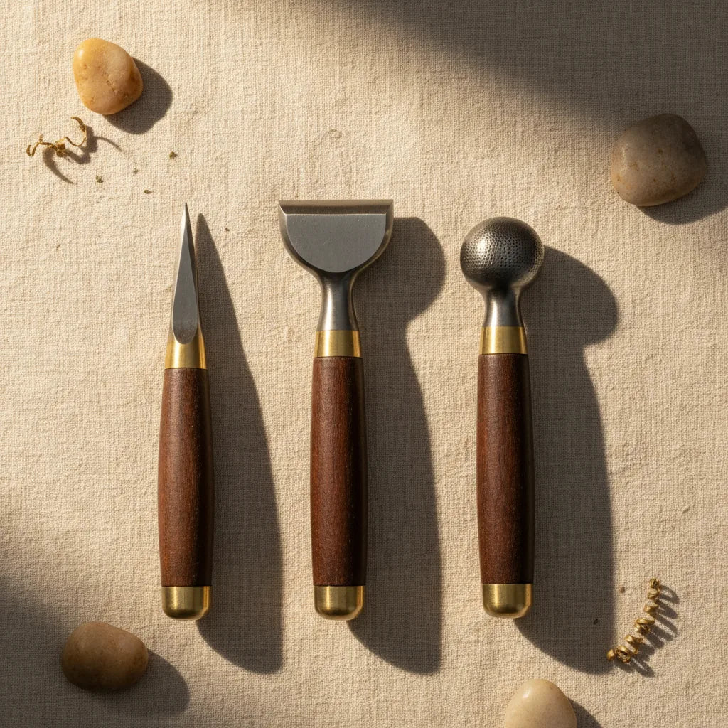 Close-up of a set of chasing tools with different faces: liner, planisher, modeller, and matter.