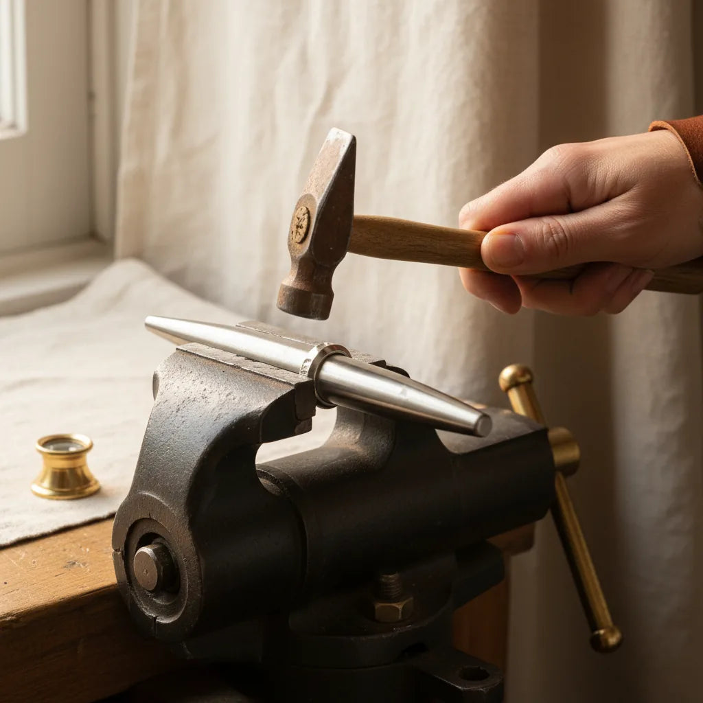 Close-up of a jeweller's hand hammering a silver ring on a tapered round mandrel held in a vice.