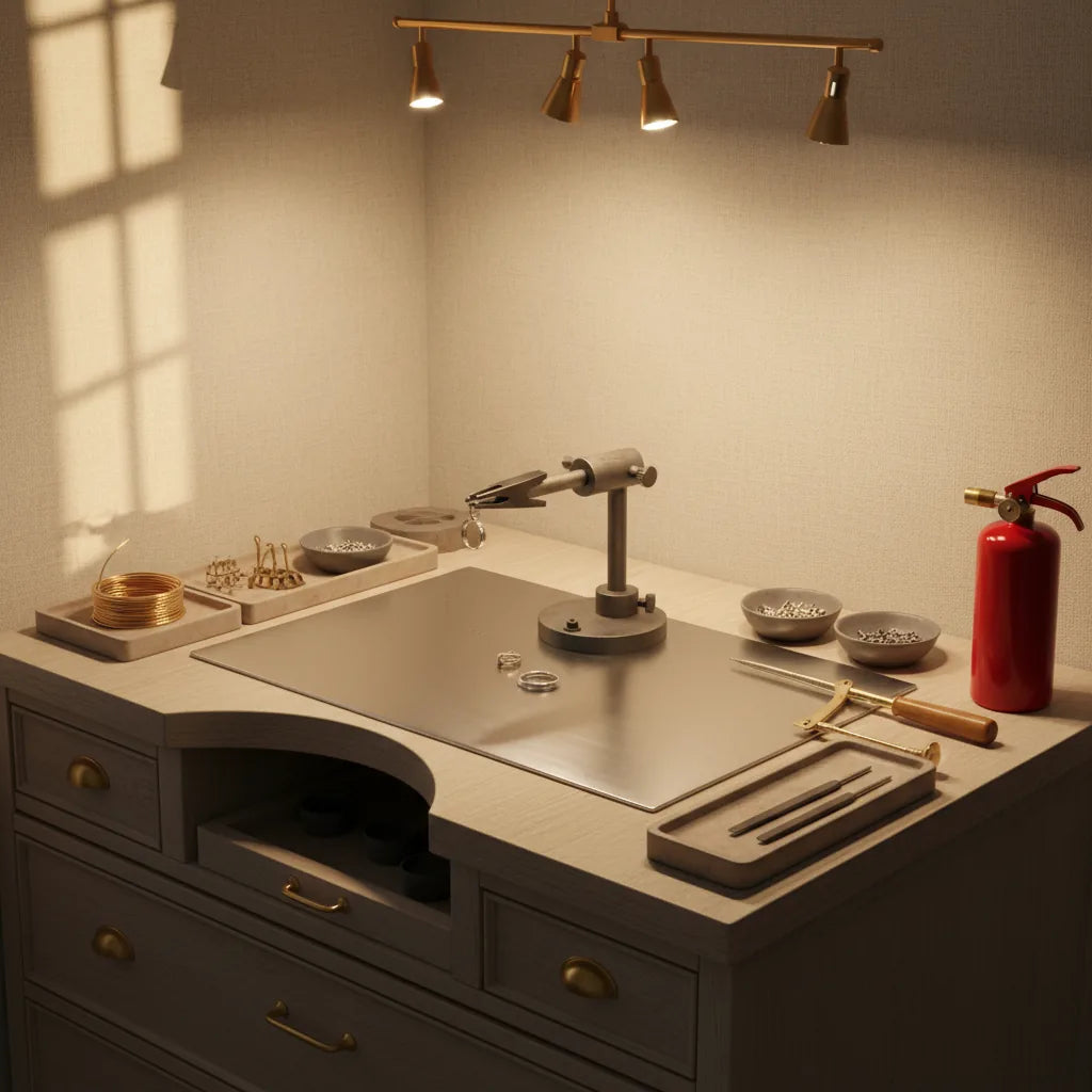Side-angle shot of a home jewellery bench with everything organised: a non-flammable steel sheet protecting the surface, the third-hand base mounted at the centre, a small fire extinguisher visible at the bench edge. Bench has soft warm lig