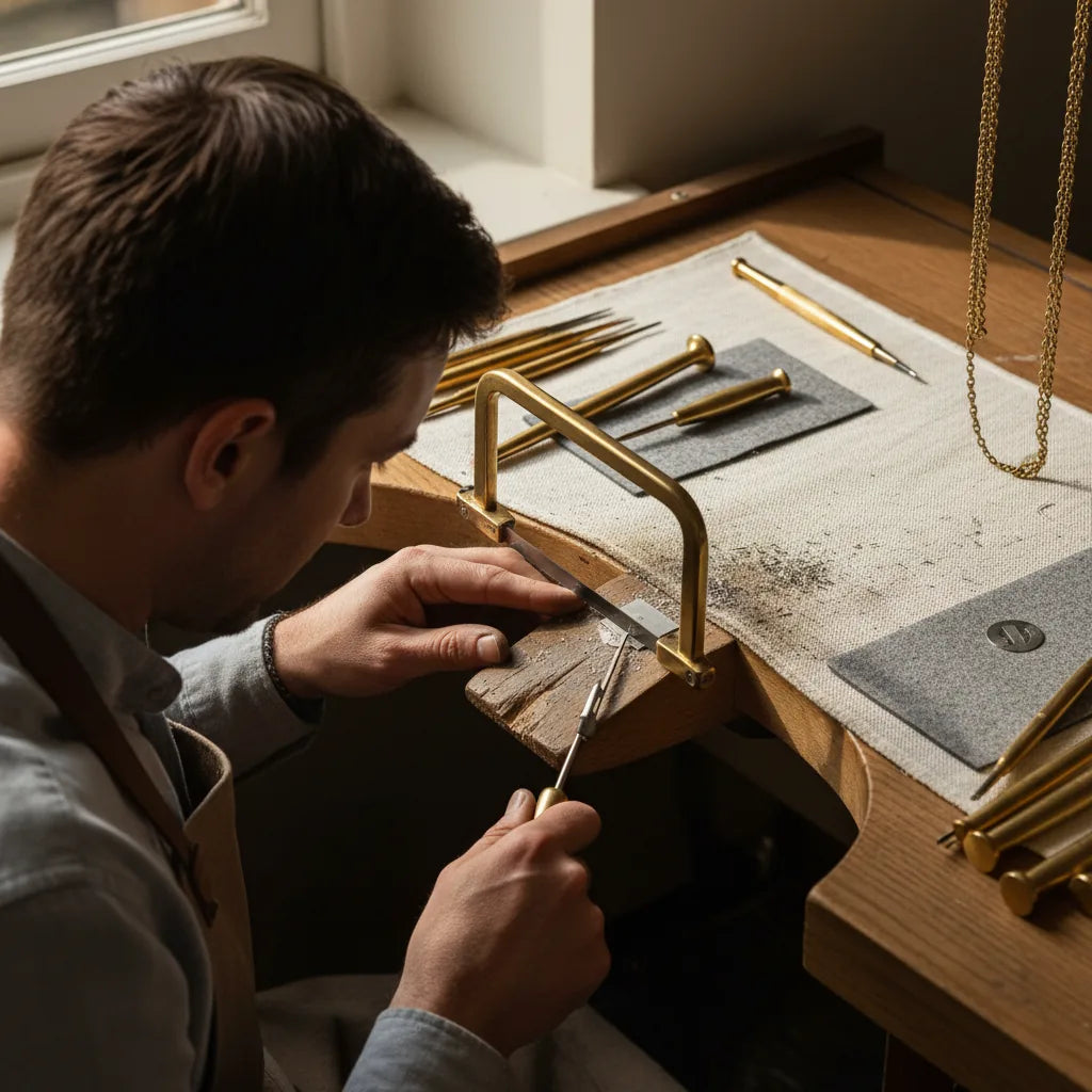 Close-up of a jeweller using a saw frame on a bench peg, with good posture and focused lighting.