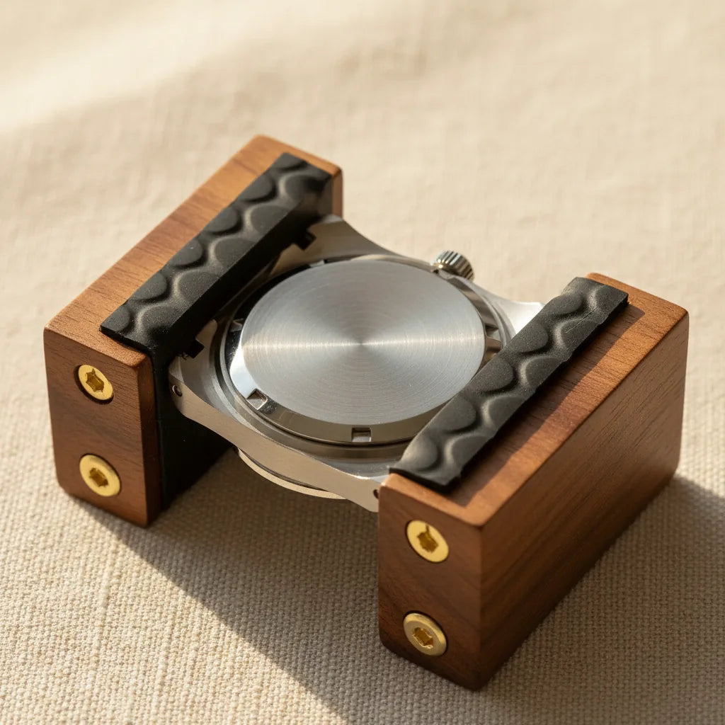 Macro close-up of a watch resting in a wooden watch-case holder clamp, with the rubber-lined jaws gripping the case sides. The case-back is exposed, ready for opening. Sharp focus on the holder-and-watch interface.