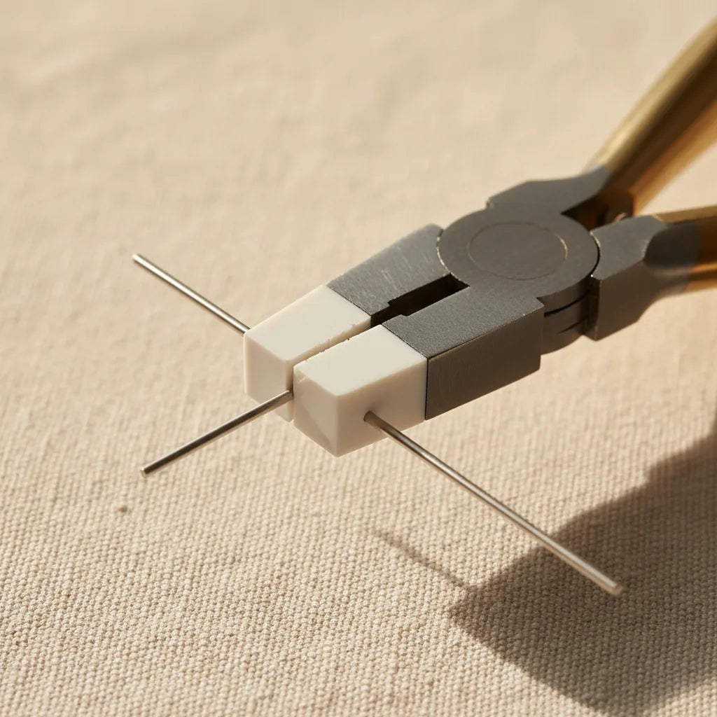 Macro shot of nylon-jaw pliers gripping a piece of fine silver wire. The white nylon jaws clearly visible, the wire straight and unmarked. Sharp focus on the jaw line.