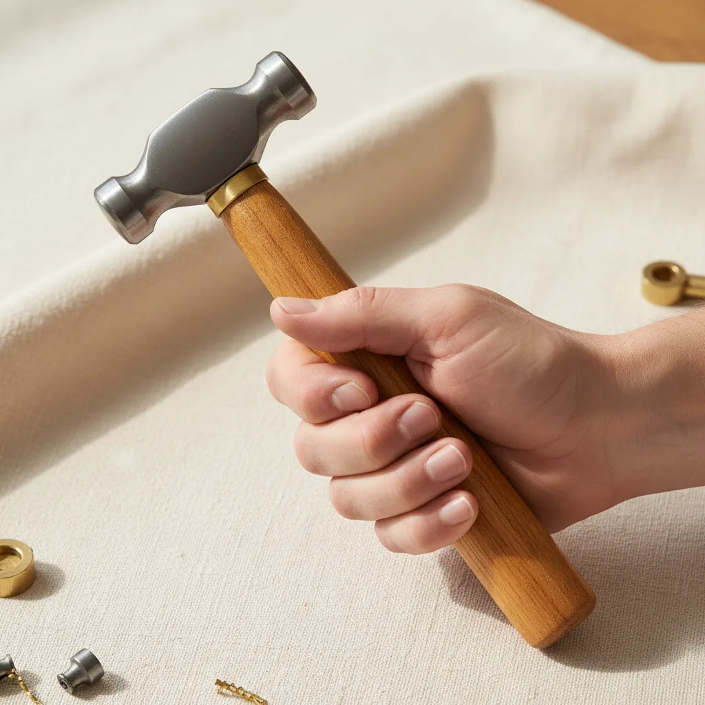 A jeweller's hand gripping the oiled hickory handle of a ball-peen hammer, demonstrating a comfortable hold.