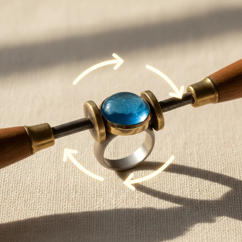 A pusher pressing the bezel wall down at the four compass points around a cabochon, arrows showing N-S-E-W order.