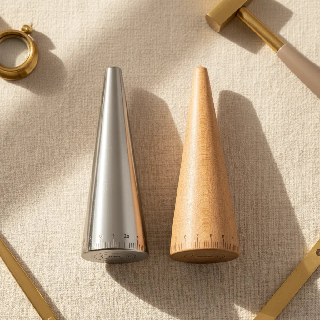 Side-by-side studio shot: a steel ring mandrel and a wooden ring mandrel of the same length, viewed end-on so the diameter taper is visible. Subtle ruler-scale at the base for reference. Clean, technical lighting.