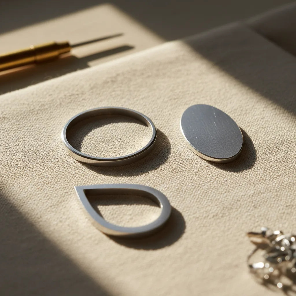 Macro shot of three freshly-cut silver discs (one round, one oval, one teardrop) resting on a workshop surface. Crisp clean edges visible. Subtle brass accent in the periphery, warm directional light.