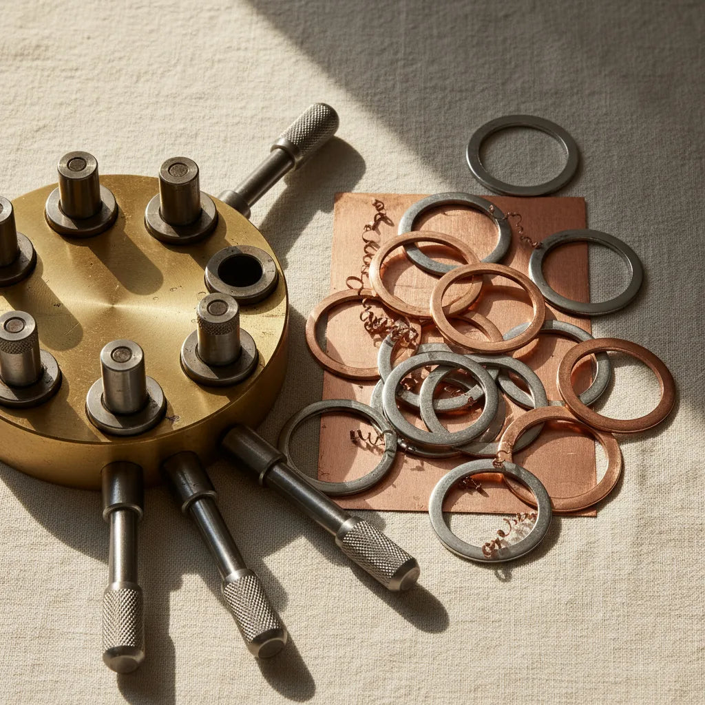 A collection of freshly cut copper and silver discs next to a disc cutter.