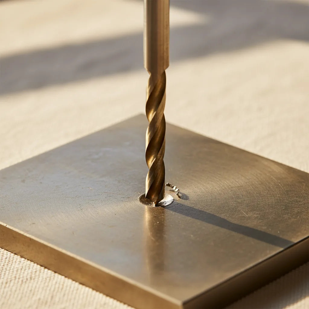 A centre-punched dimple on metal with a twist drill starting cleanly into it.