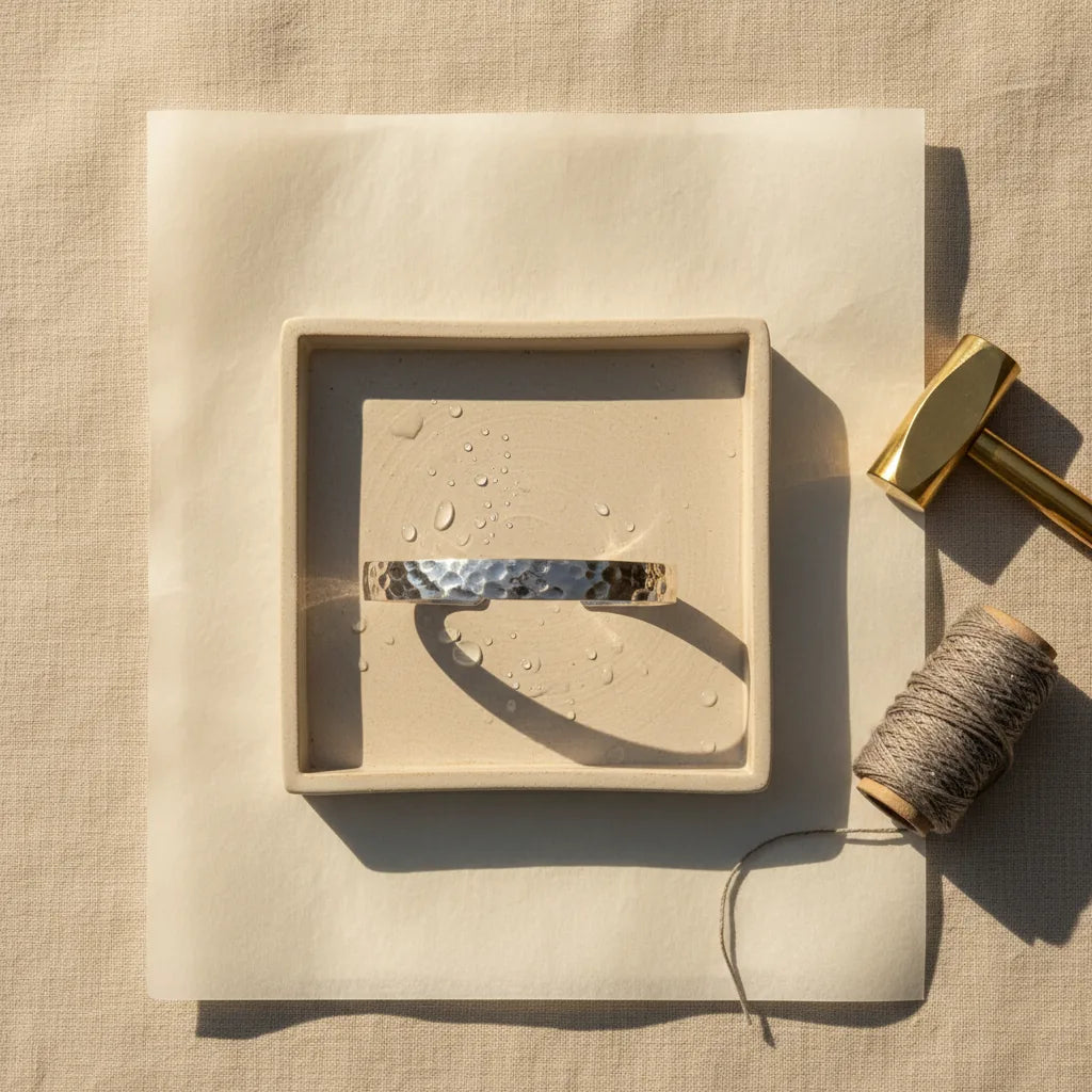 Top-down studio shot of a small bench tray containing a hammered and partially annealed silver bracelet blank, freshly out of pickle and pale matte. Subtle water beads on the surface, bench paper underneath.