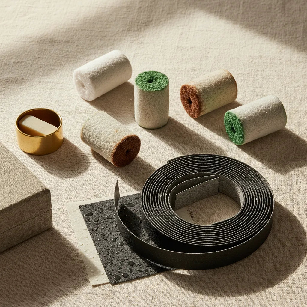 Felt bobs and buffs loaded with polishing compound beside a coil of wet-and-dry paper.