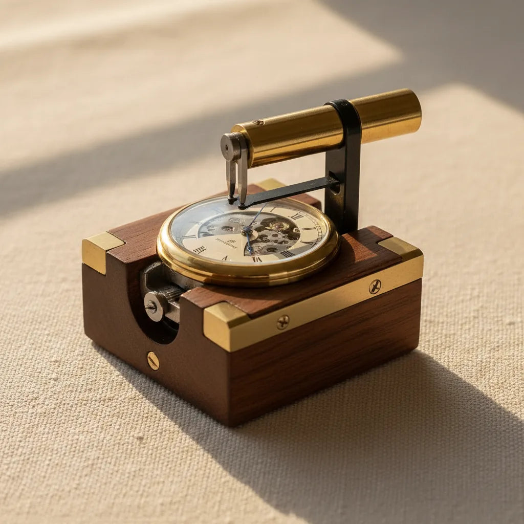Side-angle photograph of a Bergeon-style hand puller (a small cylindrical tool with twin levers) gripping under the minute hand, ready to lift it free. The watch is held in a wooden case holder. Soft warm light.