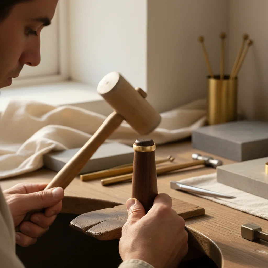 Side-angle photograph of a jeweller using a rawhide mallet to tap a ring up a size on a wooden ring mandrel. The motion blur of the mallet head is captured. Subtle workshop background.