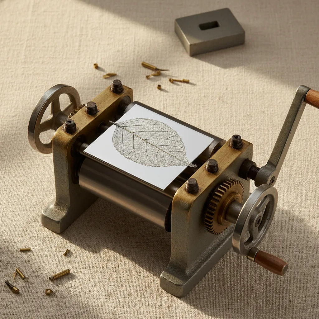 A piece of sterling silver sheet being fed through a rolling mill with a skeleton leaf.
