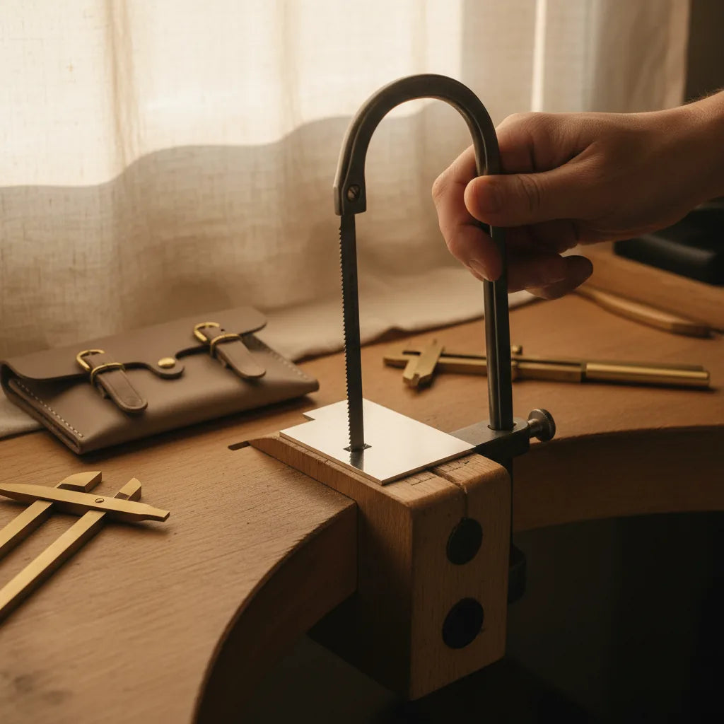 A hand drawing a vertical saw stroke through silver sheet on a bench pin, relaxed grip, frame upright.