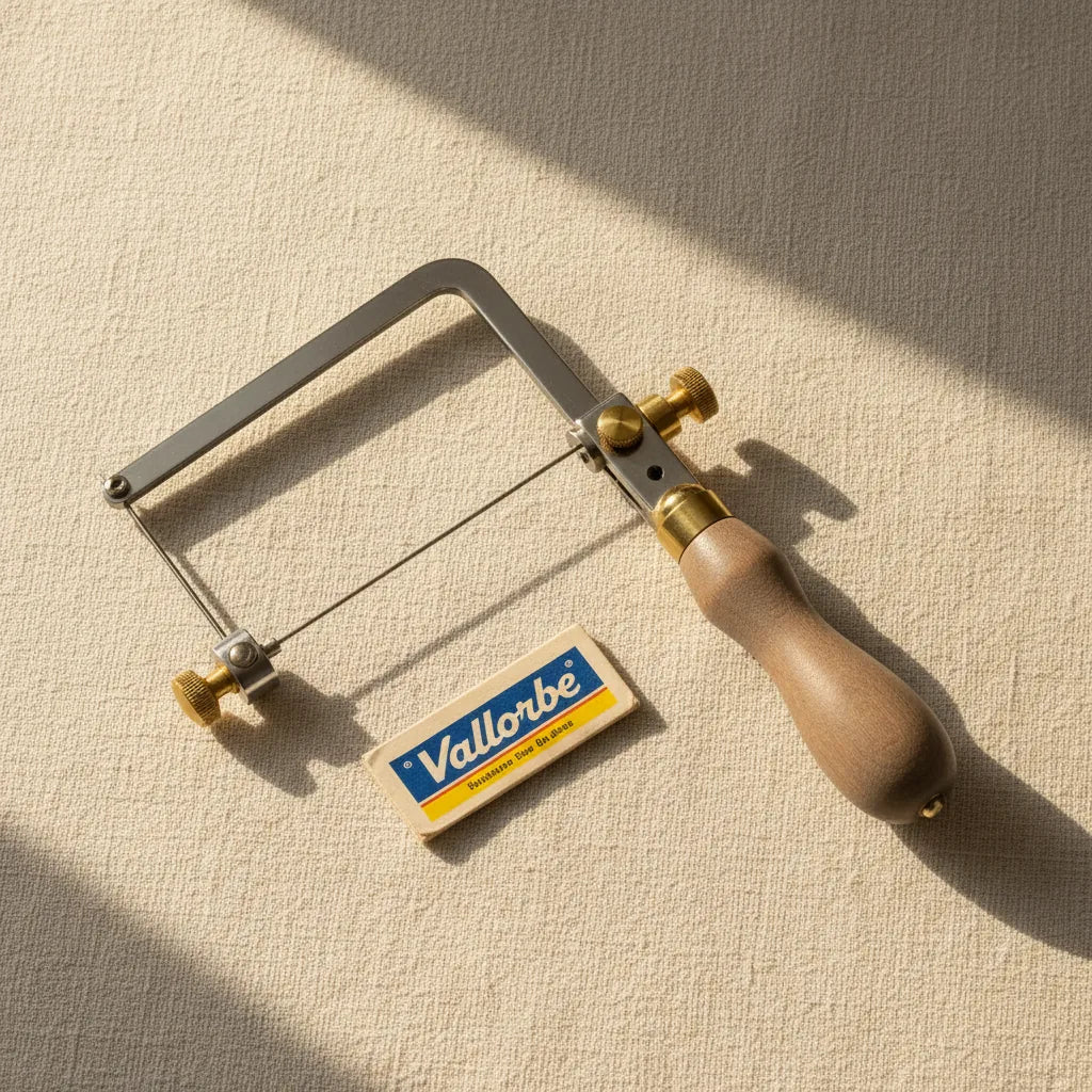 A German-style adjustable jeweller's saw frame with a packet of Vallorbe saw blades next to it.
