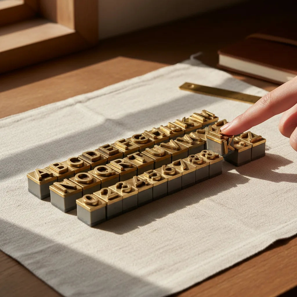 Side-angle photograph of an alphanumeric letter stamp set arranged in two neat rows on a workshop linen cloth, with the user's index finger pointing at the letter 'K' as if selecting it. Warm directional light.