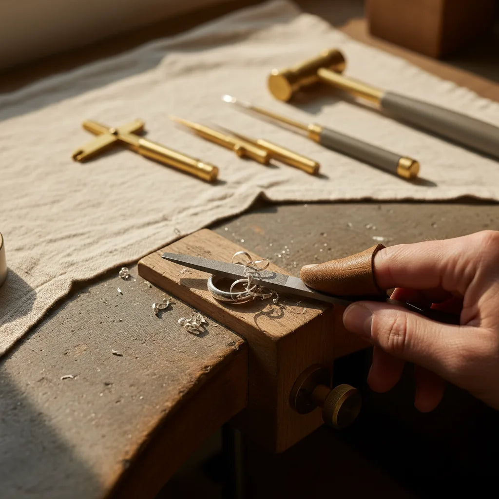 A hand filing the edge of a silver ring on a bench pin, file flat, pushing forward.