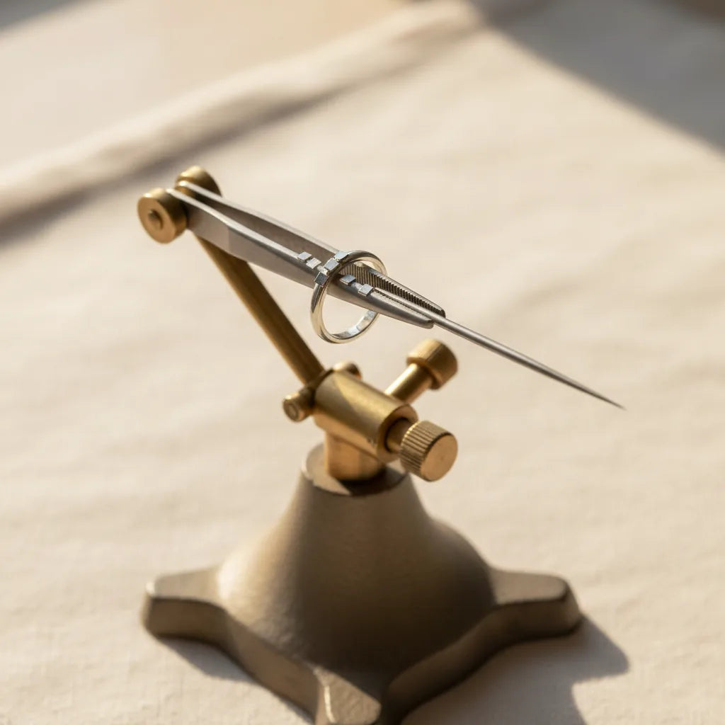 Macro close-up of a small silver ring clamped in cross-lock tweezers held by the third-hand base. Solder paillons placed on the join with a titanium pick, ready for the torch. Sharp focus, shallow depth of field.