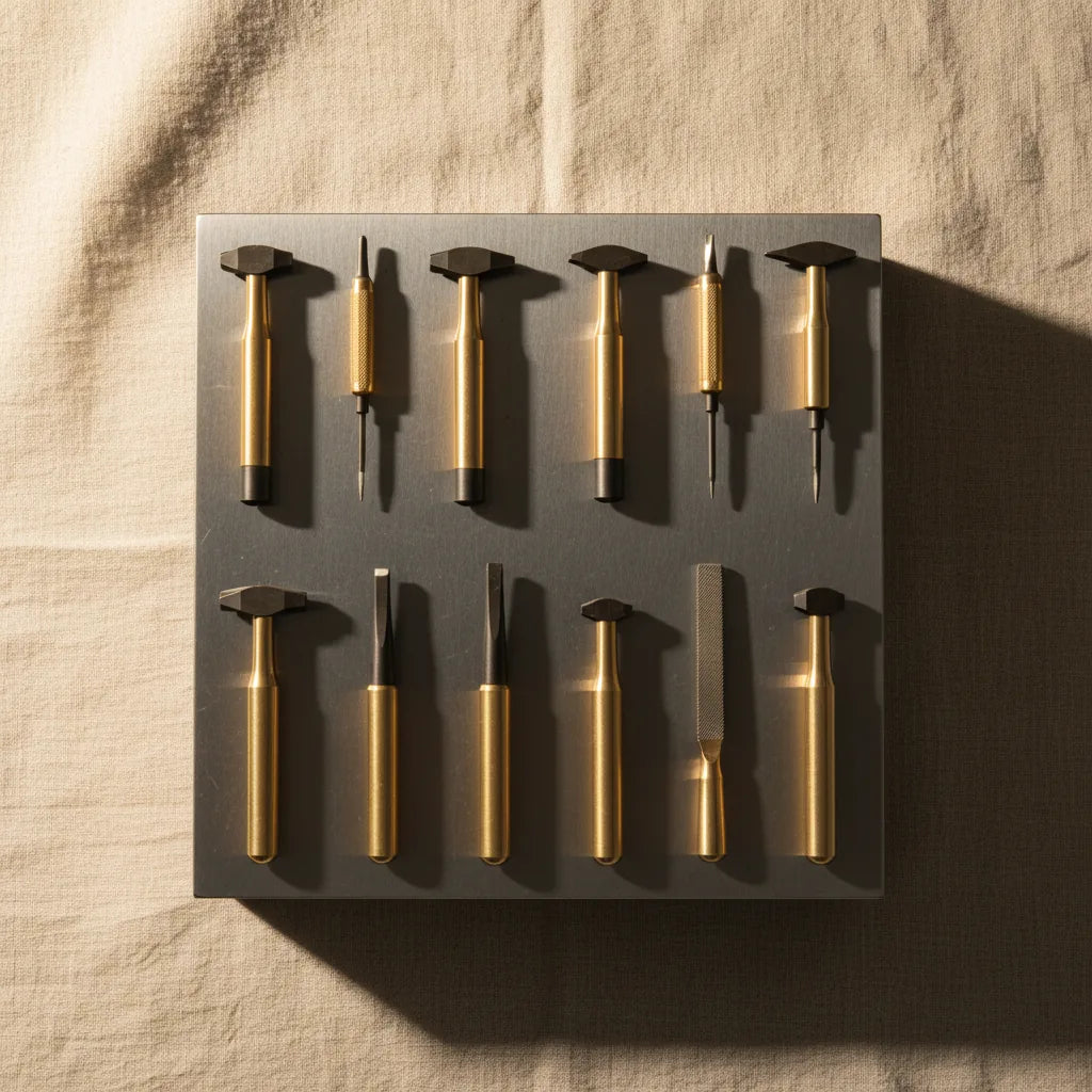 An overhead shot showing the 'Foundation Eight' tools laid out on a steel bench block.