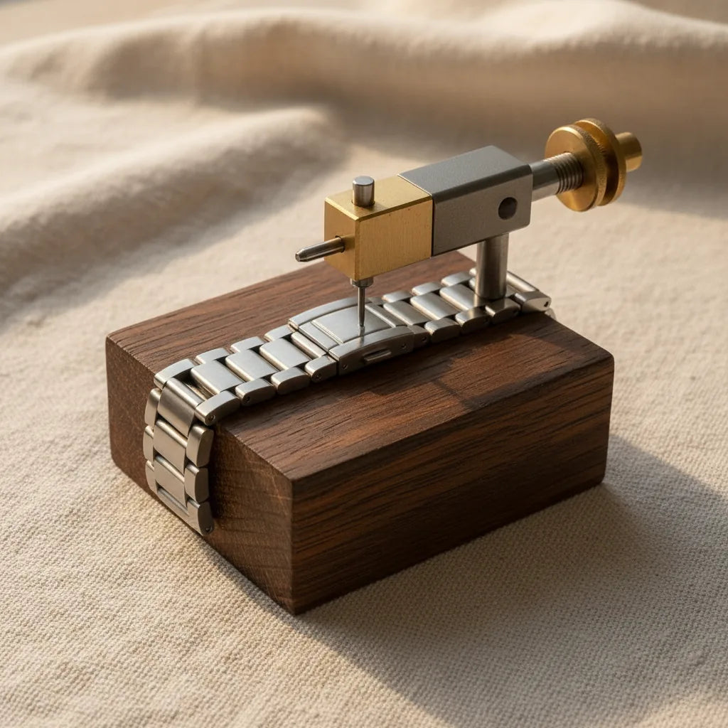 Side-angle photograph of a band-link removal tool driving a pin out of a stainless watch bracelet section. The pin is partially out, with the bracelet on a wooden block. Workshop linen background, warm directional light.