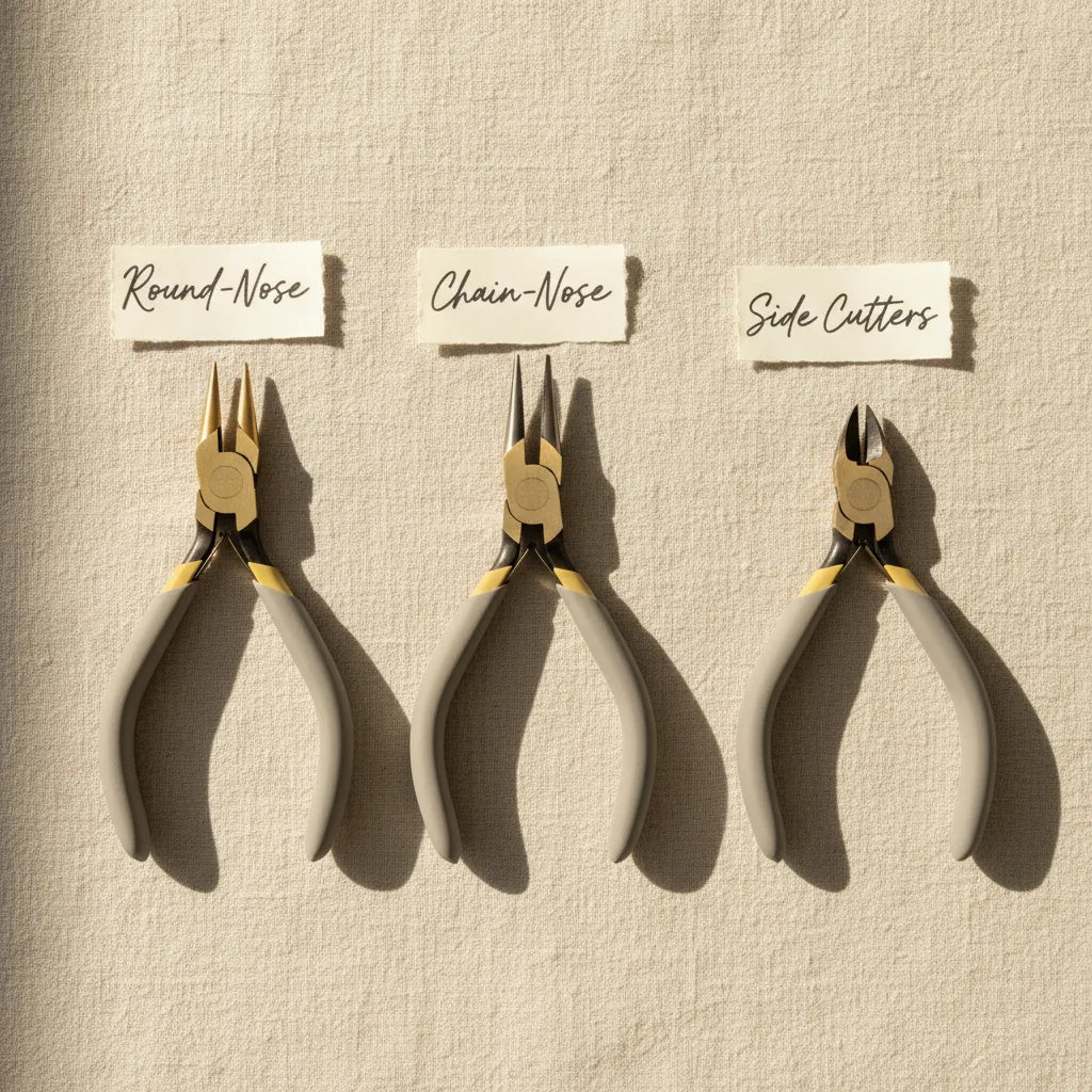 Flat lay of the four starter pliers — round-nose, chain-nose, flat-nose, side cutters — arranged in a fan pattern on linen. Handwritten paper tags next to each. Warm brass accents.