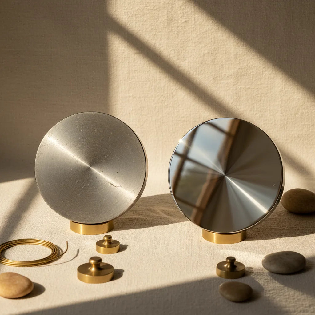 Side-by-side comparison of a raw-out-of-the-box planishing face and one that has been hand-polished to a mirror shine.