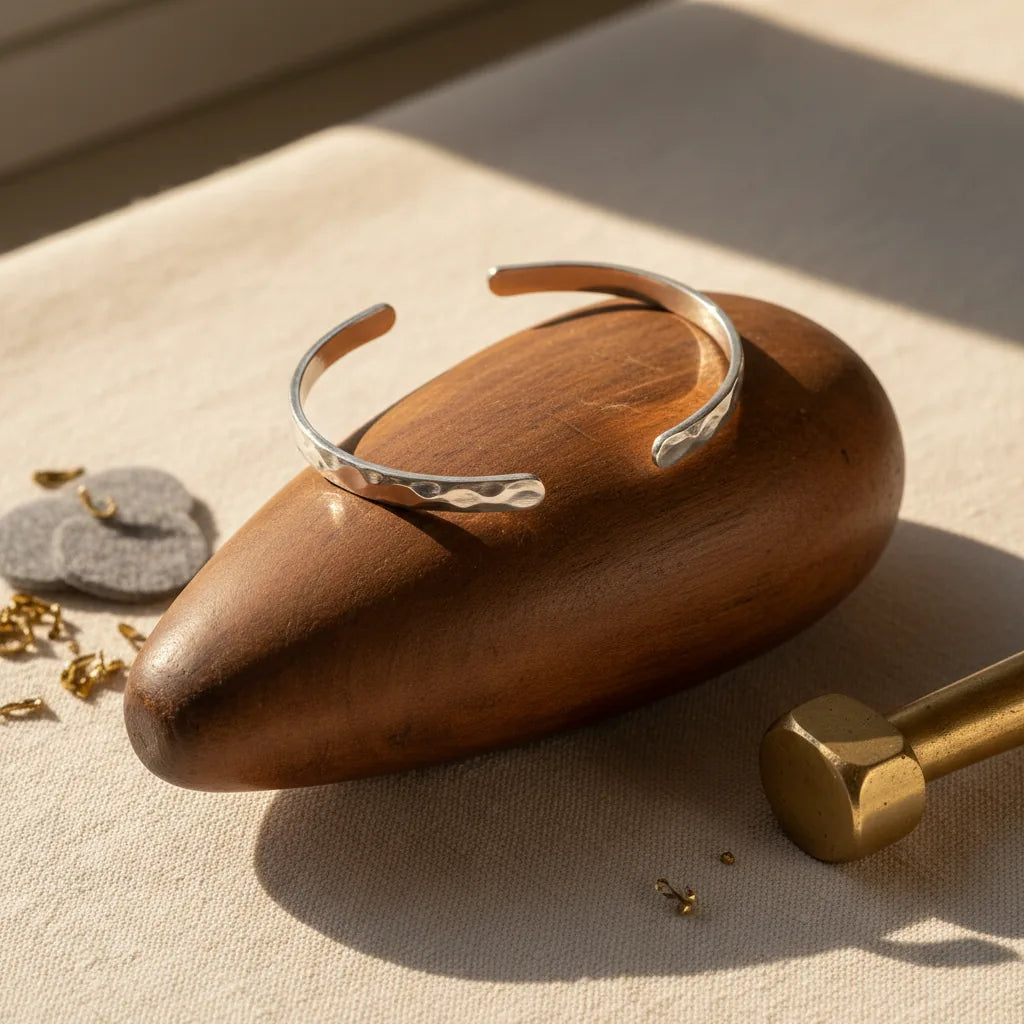 Close-up of a partly-formed silver bangle resting on a teardrop-shaped wooden bracelet mandrel. The wood has a soft sheen from years of use. Workshop atmosphere with warm light.