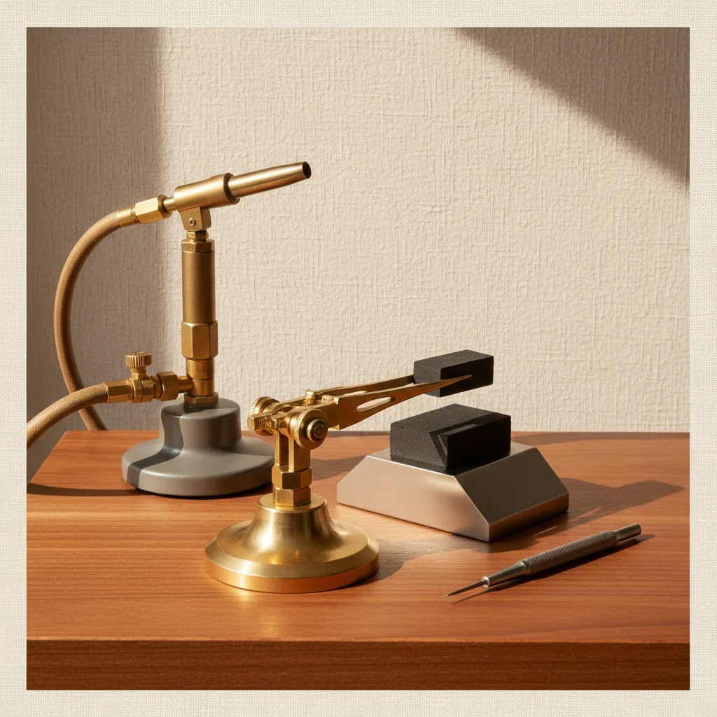 Editorial side-angle of a soldering setup: cross-lock tweezers in a heavy-duty third-hand base, a charcoal block on a stainless holder, a titanium soldering pick within reach, a torch ready off to one side (not lit). All arranged on a warm-