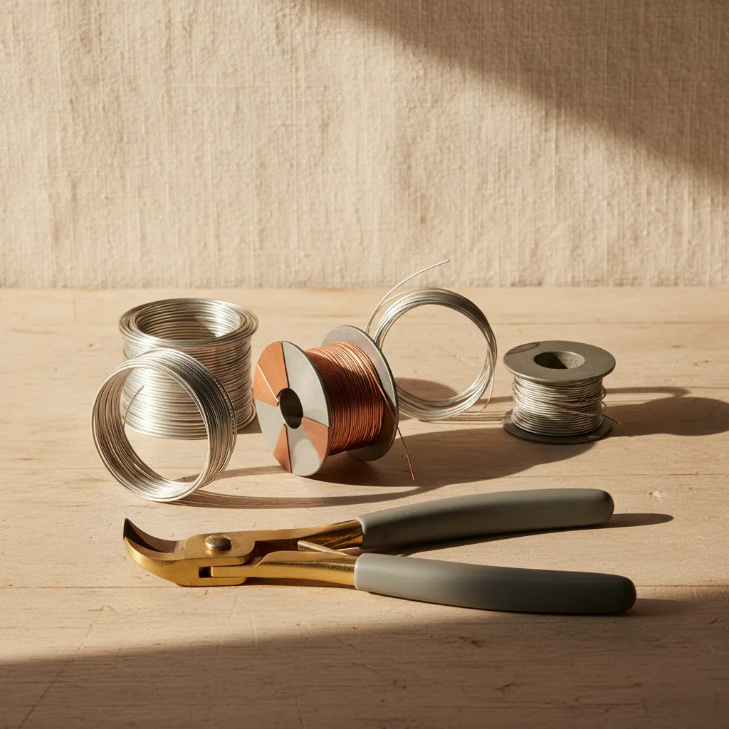 Side-angle photograph of a bench-top with multiple wire spools arranged — sterling round wire, copper square wire, memory wire spiral, steel guitar wire — and a pair of dedicated memory wire cutters resting in front of them. Warm light from