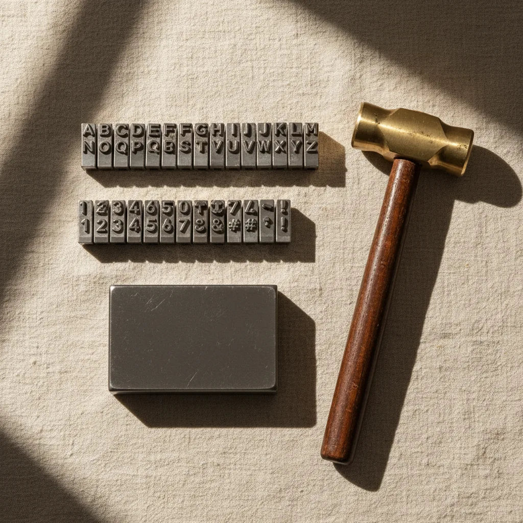 Flat lay of an alphabetic / numeric stamp set arranged neatly in two rows, with the steel block underneath and a heavy stamping hammer beside. Workshop linen background, warm side-light.