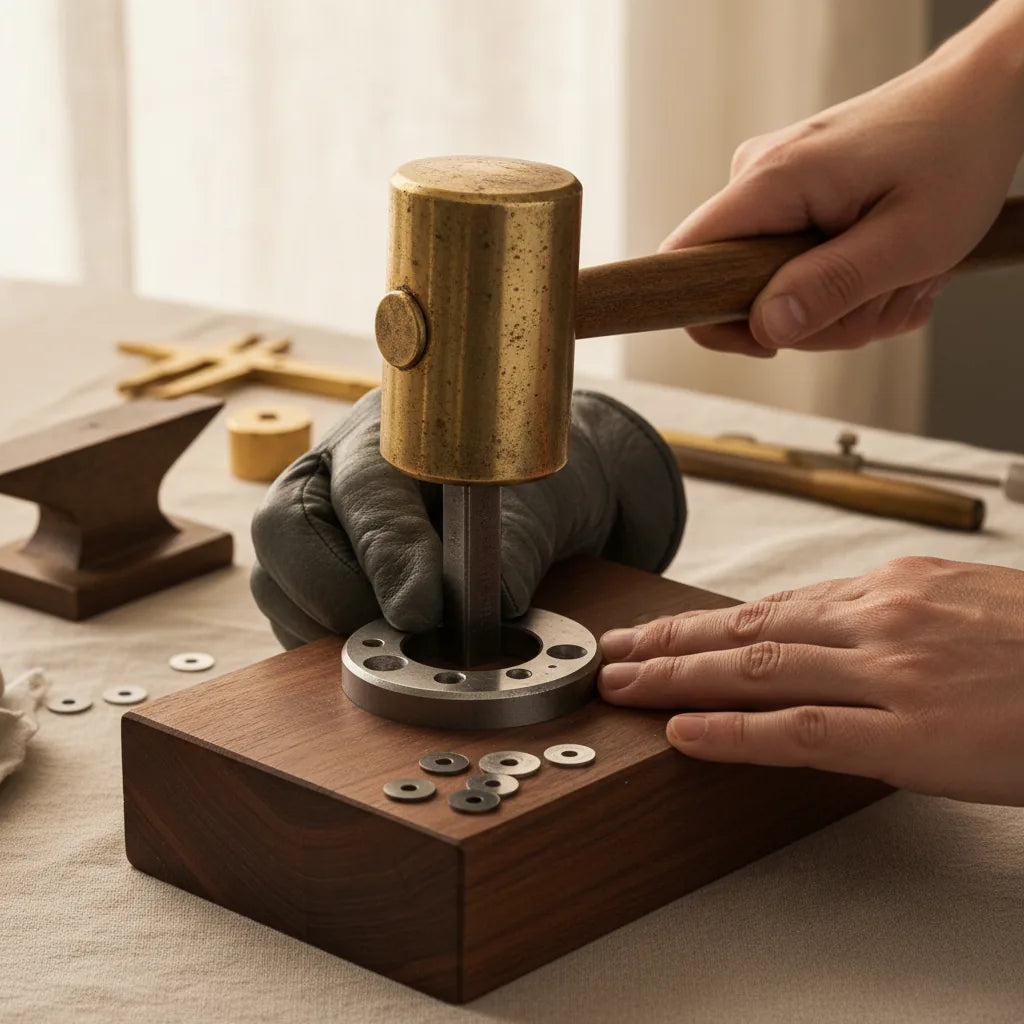 A jeweller using a 2lb brass mallet to strike a punch in a disc cutter on a hardwood block.